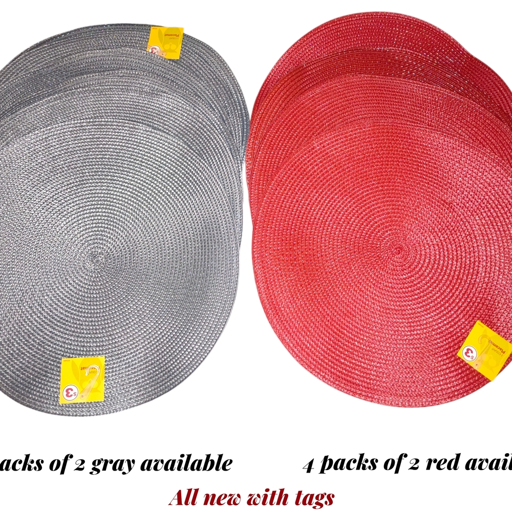 Set of Round Woven Placemats in Silver and Red